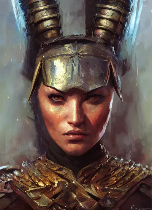 Image similar to Oil painting of a female human warrior, portrait, D&D, Magic The Gathering, by Craig Mullins, Nekro, Victo Ngai, centered, symmetrical, 8k, sharp focus