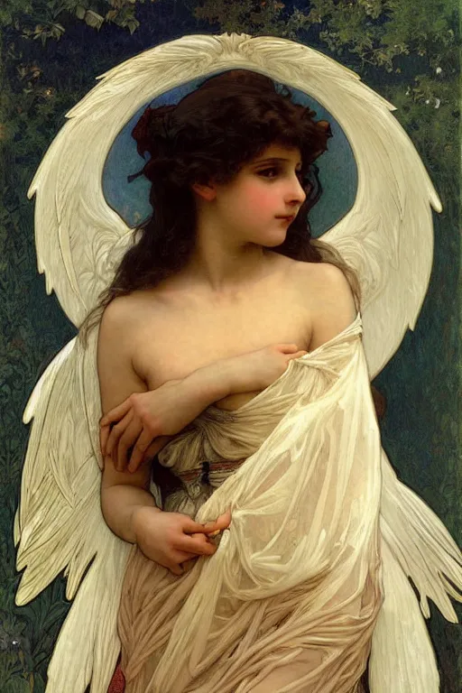 Prompt: portrait of a beautiful angel with large feather wings, intricate, elegant, hyperdetailed by alphonse mucha and william - adolphe bouguereau and john william waterhouse