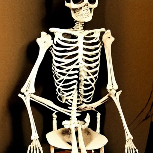 Image similar to an old skeletal figure sitting upon a throne