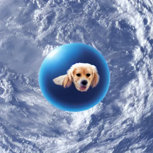 Prompt: a photo of a planet in the shape of a dog in space, realistic