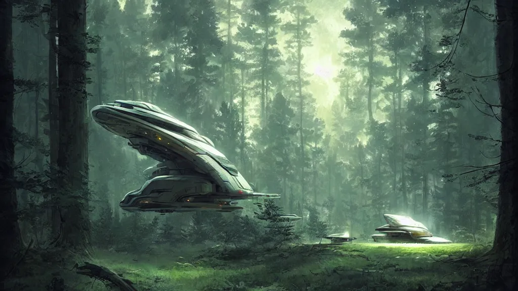 Image similar to a spaceship lost in the forest, detailed digital art by greg rutkowski.