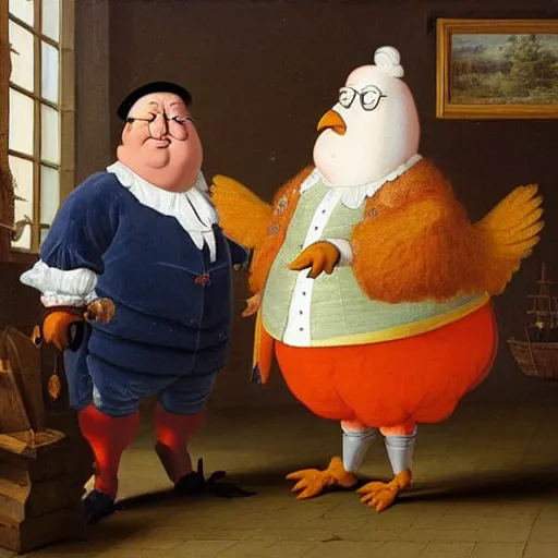 Image similar to dutch golden age painting of peter griffin and a giant chicken standing next to each other in an office, very intricate, very detailed, 8 k,