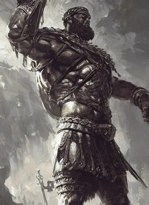 Image similar to ancient historically accurate depiction of the Bible Character Goliath of Gath, the Philistine warrior giant in ancient persian chainmail armor, dramatic lighting art by Yoji Shinkawa by Richard Schmid by greg rutkowski by Sandra Chevrier by Jeremy Lipking cinematic dramatic