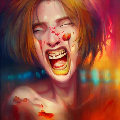 Prompt: a schizophrenic person laughing likes a psycho, by ross tran, oil on canvas