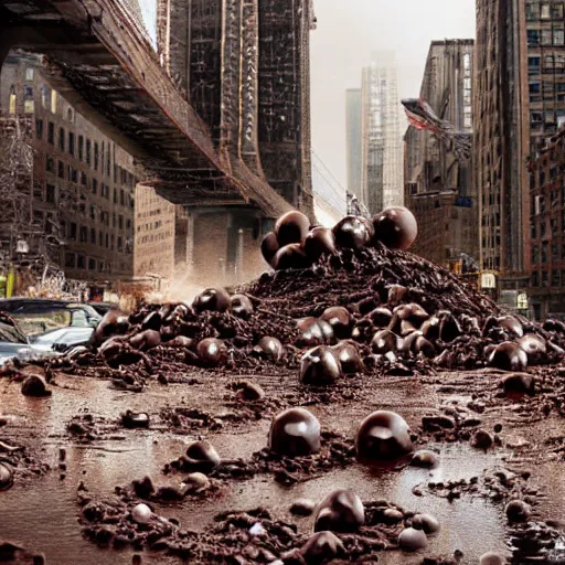 Image similar to tsunami of liquid chocolate on new york, post apocalyptic, cinematic