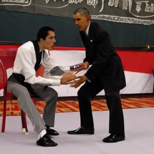 Image similar to dracula competing with obama in a japanese go tournament