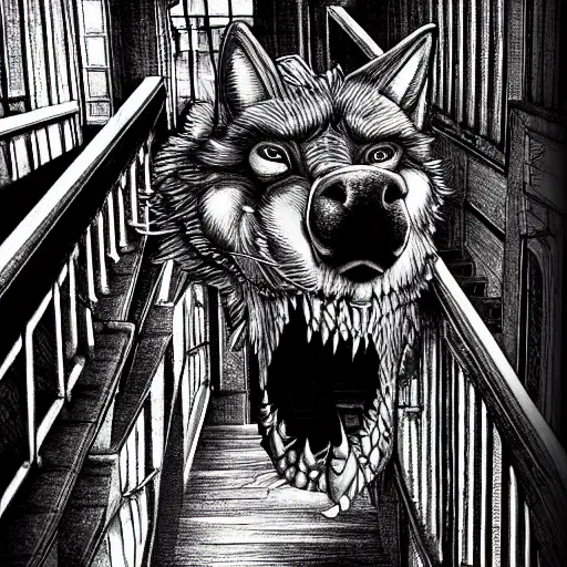 Image similar to a huge howling angry wolf in a huge bright maze of many doorways and lots of stairs, many doorways, inside MC Escher architecture, artstation, Junji Ito, epic composition, detailed background