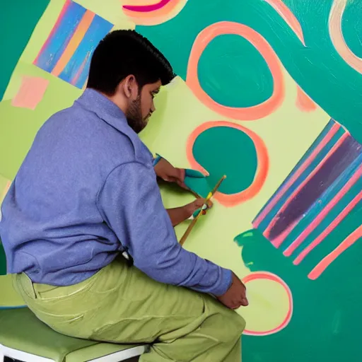 Image similar to A young male Latino artist painting a plain green picture on canvas