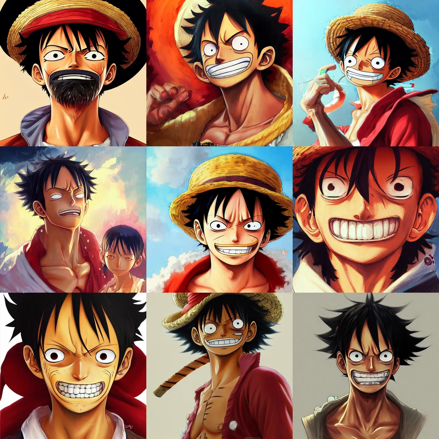 Prompt: portrait of Luffy from One Piece, highly detailed, digital painting, artstation, concept art, sharp focus, illustration, art by artgerm and greg rutkowski and alphonse mucha