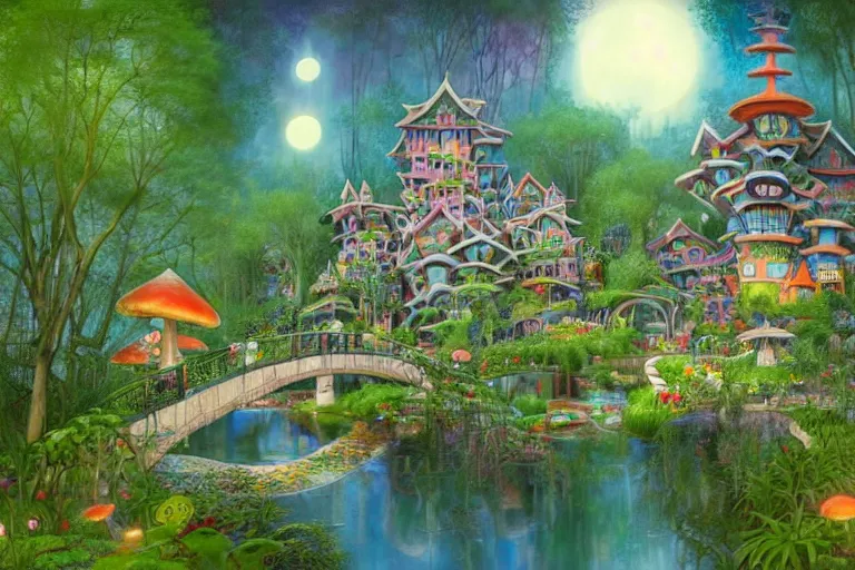 Prompt: simple mansion from hundertwasser and gaudi in a deep mystical forest with a cute japanese garden and bridge around it, exagerate perspective, mushrooms and dense exotic vegetation, floating lampoons, tall people walking and discussing, dynamic lighting, art by peter mohrbacher on artstation, disney zootopia architecture, night sky with moon