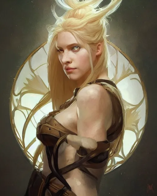 Image similar to '' Portrait of Beautiful blonde Slavic woman, league of legends, LOL, fantasy, d&d, digital painting, artstation, concept art, sharp focus, illustration, art by greg rutkowski and alphonse mucha ''