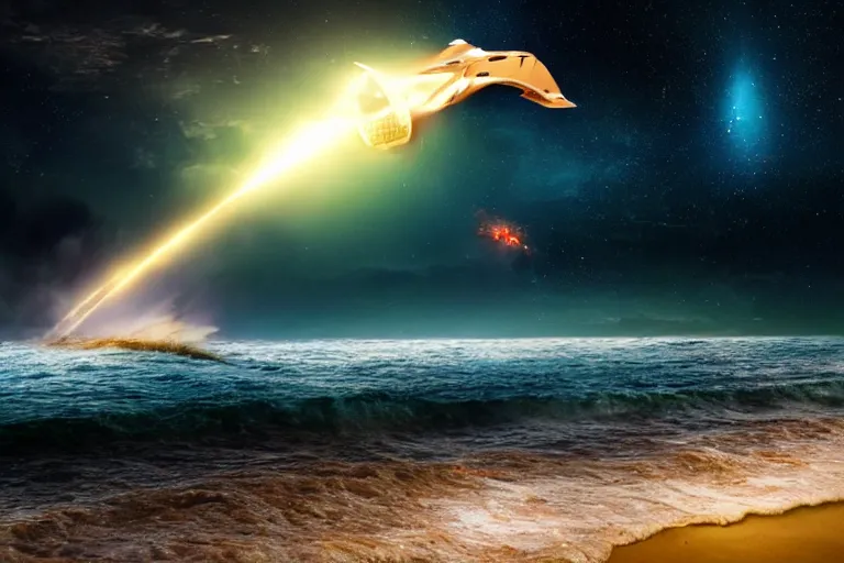 Image similar to enormous spaceship crashing into the sea at night