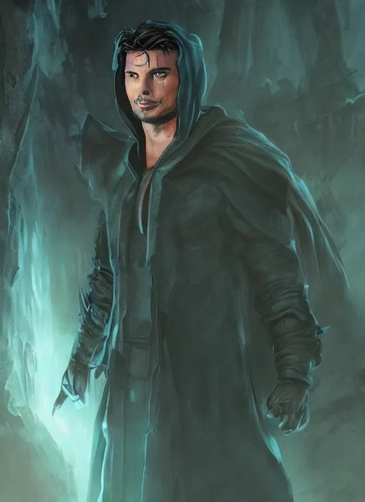 Image similar to A fantasy comic book style portrait painting of Tom Welling as a Sorcerer in a atmospheric dark fortress, unreal 5, DAZ, hyperrealistic, octane render, RPG portrait, ambient light, dynamic lighting