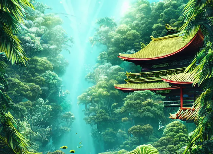 Image similar to overgrown tropical foliage overtaking many tall ornate japanese buildings, underwater environment, borealis, scenery, professional, award - winning, trending on artstation, hyper detailed, realistic, beautiful, emotional, shiny, golden, picture