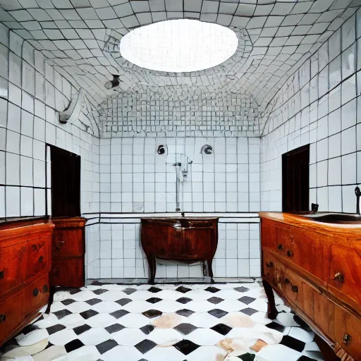 Image similar to photo of a bizarre oddly-shaped interior covered by ceramic white tiles with shallow water everywhere