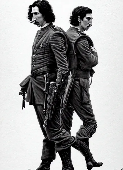 Image similar to painting of both john oliver and adam driver together, john oliver, adam driver, stoic, full body, military uniform, fantasy, intricate, elegant, beautiful, highly detailed, charcoal, centered, dark, smokey, digital painting, concept art, smooth, sharp focus, illustration, art by artgerm, art by greg rutkowski, art by alphonse mucha