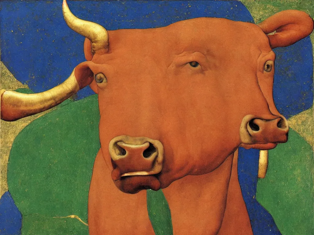 Image similar to portrait of a bull head. lapis lazuli, malachite, cinnabar, gold. painting by piero della francesca, balthus, agnes pelton