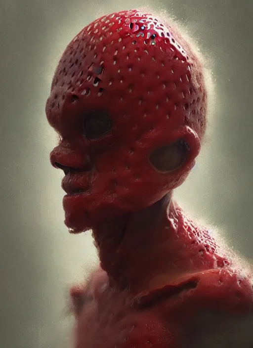 Prompt: zoological portrait of a human strawberry by kuldar leement and ruan jia and brad rigney and micha karcz and brad rigney 0. 0 0 1