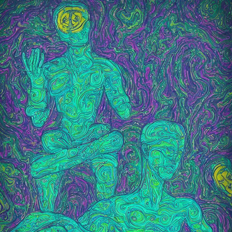 Prompt: human smiling meditating supreme peace immense knowledge infinite color dmt art cyan green pair of eyes staring striking