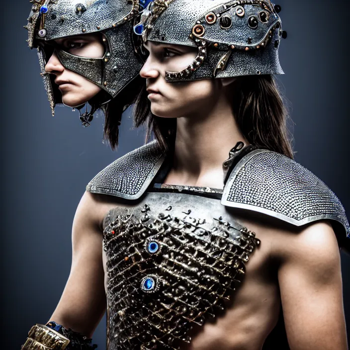 Image similar to portrait photograph of a real-life warrior with sapphire encrusted armour. Extremely detailed. 8k