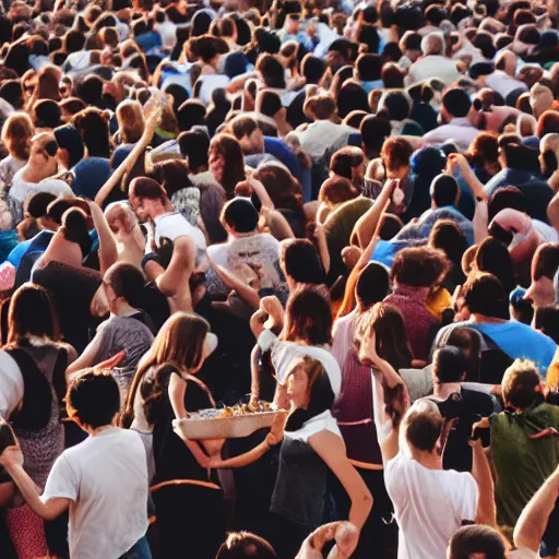 Image similar to crowd of people worshipping the flying spaghetti monster