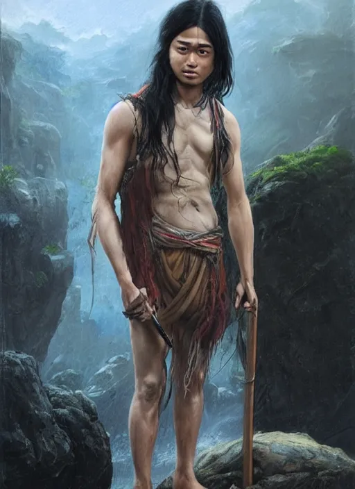 Prompt: a young asian man with tanned skin and long wavy black hair. he has an intense expression, is wearing a tattered vest and trousers and holding a spear. he is standing in a rocky chasm. fantasy portrait painting by greg rutkowski and raymond swanland