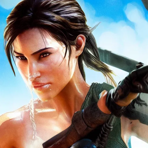 Prompt: dew, dew covers lara croft's face, focus on her face, sunlight, bloom effect