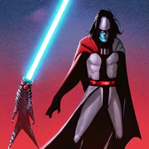 Image similar to morbius. morbius!!!!!!!!!! morbius. morbius holding a lightsaber. and skywalker, pyramids in background.