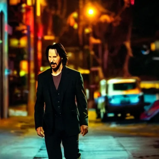 Image similar to a still of Keanu Reeves. Shallow depth of field. City at night in background, lights, colours ,studio lighting, mood, 4K. Profession photography