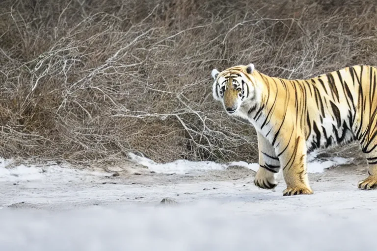 Image similar to a tiger polar bear!!! hybrid! hyper realistic!! realistic lighting!! wildlife photographer of the year!!! bold natural colors, national geographic, hd, wide angle, 8 k