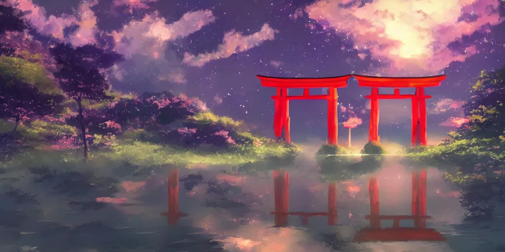 Prompt: reimu walking in cloud pond forest dusk, giant torii gate, fractal dreamscape, shattered sky cinematic, shooting stars, mirror reflection, vibrant colors, digital anime illustration, award winning, by makoto shinkai