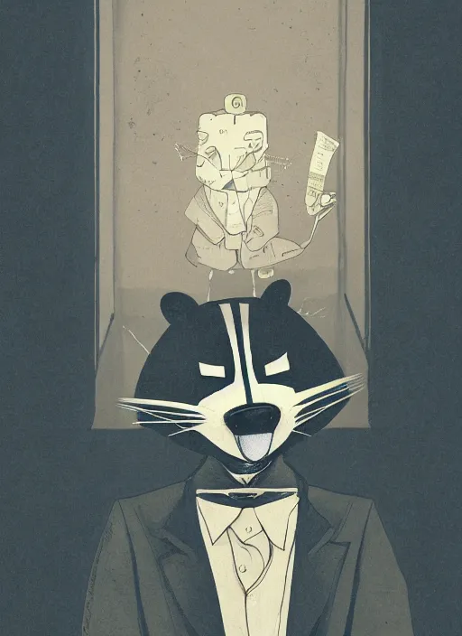 Image similar to a dramatic illustration portrait of an anthropomorphic raccoon mob boss, by victo ngai, by stephen gammell, by george ault, in the style of animal crossing, artstation