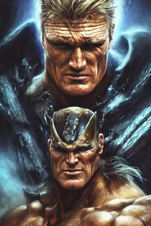 Image similar to closeup portrait shot of dolph lundgren as destruction of the endless, the sandman herculean thanos, conan the barbarian, highly detailed, digital painting, artstation, concept art, soft focus, depth of field, artgerm, tomasz alen kopera, peter mohrbacher, donato giancola, wlop, boris vallejo