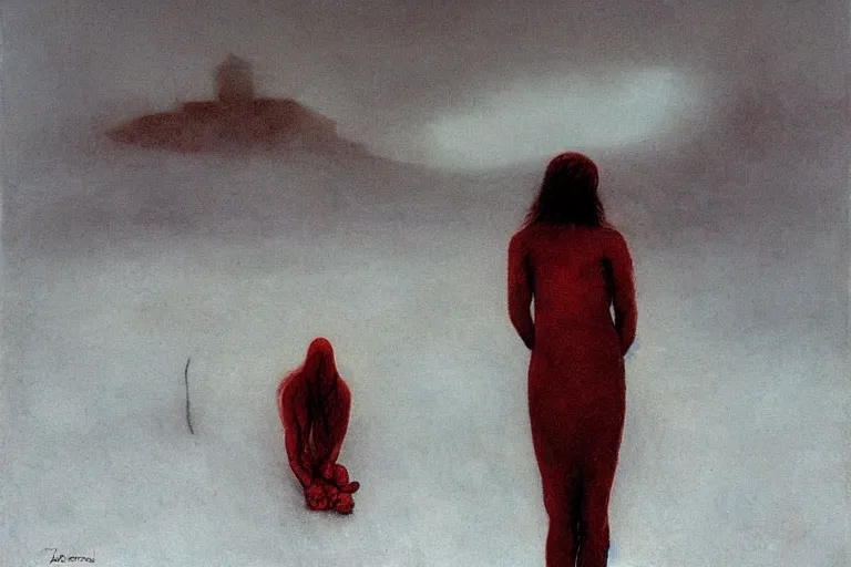 Image similar to a surrealist painting of a lonely woman with pale skin and red hair, standing over pile of bodies in post apocalyptic snowy landscape, painted by zdzisław beksinski