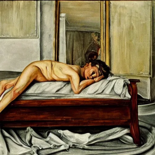 Image similar to lucian freud painting of old ema stone laying down on a victorian bed in a big old room