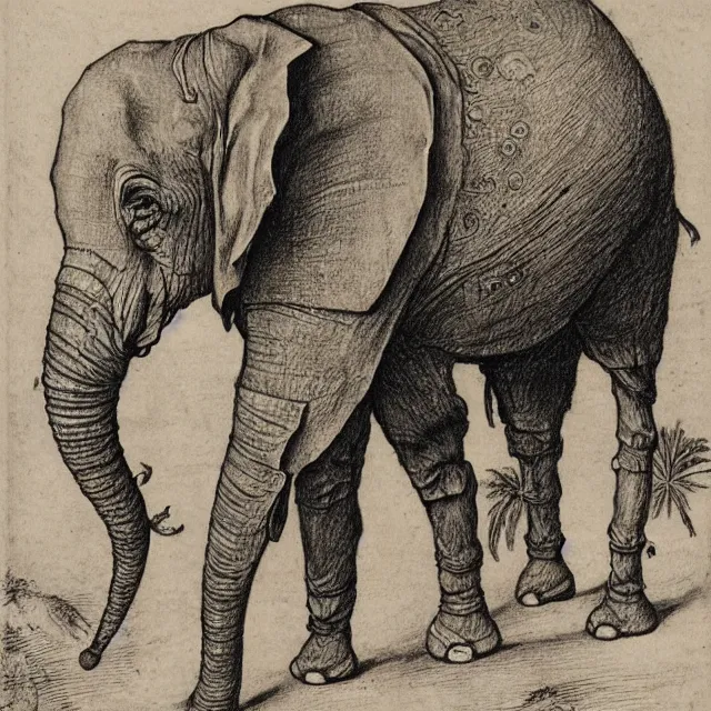 Image similar to a detailed, intricate drawing of a heavily armored elephant on a beach, by albrecht durer