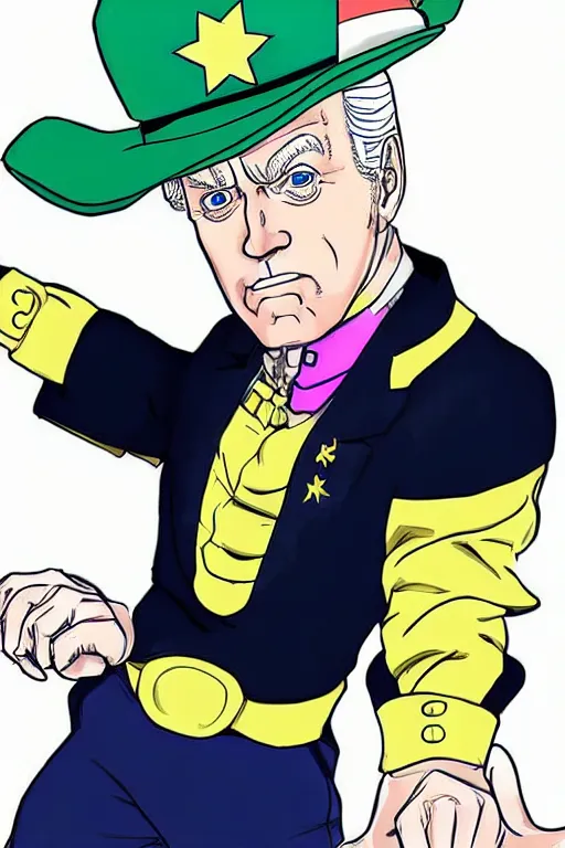 Image similar to Joe Biden as Jotaro Kujo JoJo from JoJo's Bizarre Adventure battling Donald Trump, anime drawing by Hirohiko Araki, vivid colors, colorful fashion