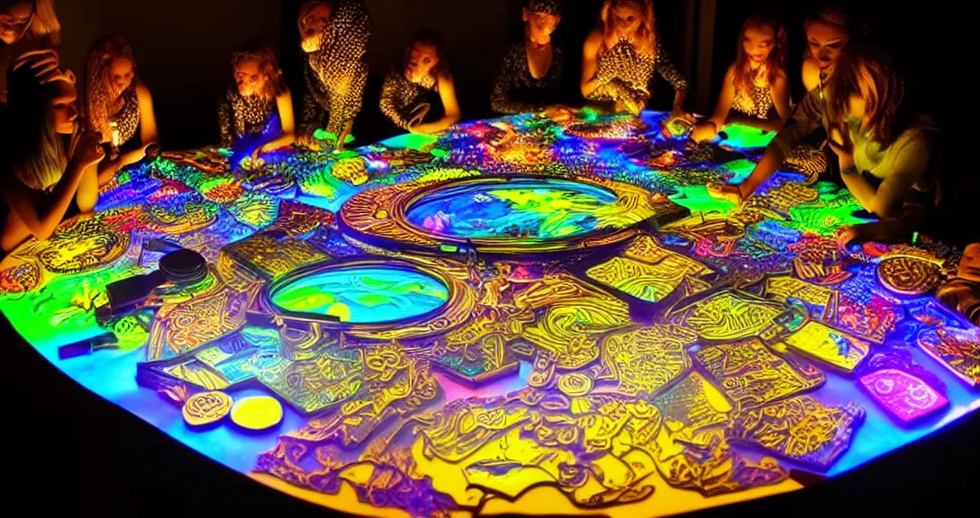 Prompt: creativity, 13 diverse creatives on one_side of a reflective !creativity table, inticrate detailed glowing ideas, highly detailed, dramatic lighting, fine details, high details, beautiful lighting