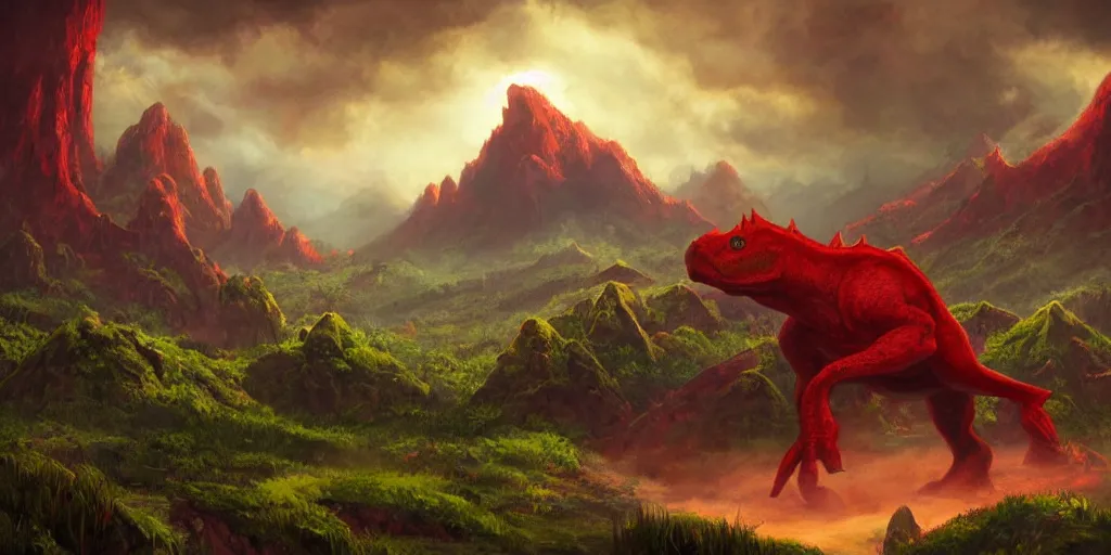 Prompt: Fantasy art for a green spell that creates a small red dinosaur creature from the game magic the gathering. The red dinosaur is pictured in the foreground. Red mountains are in the background. Award winning, high detail, original artwork, dramatic lighting