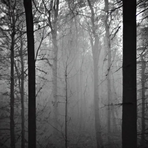 Image similar to grainy trail cam photo still of an alien in the woods at night hiding in the trees of a forest