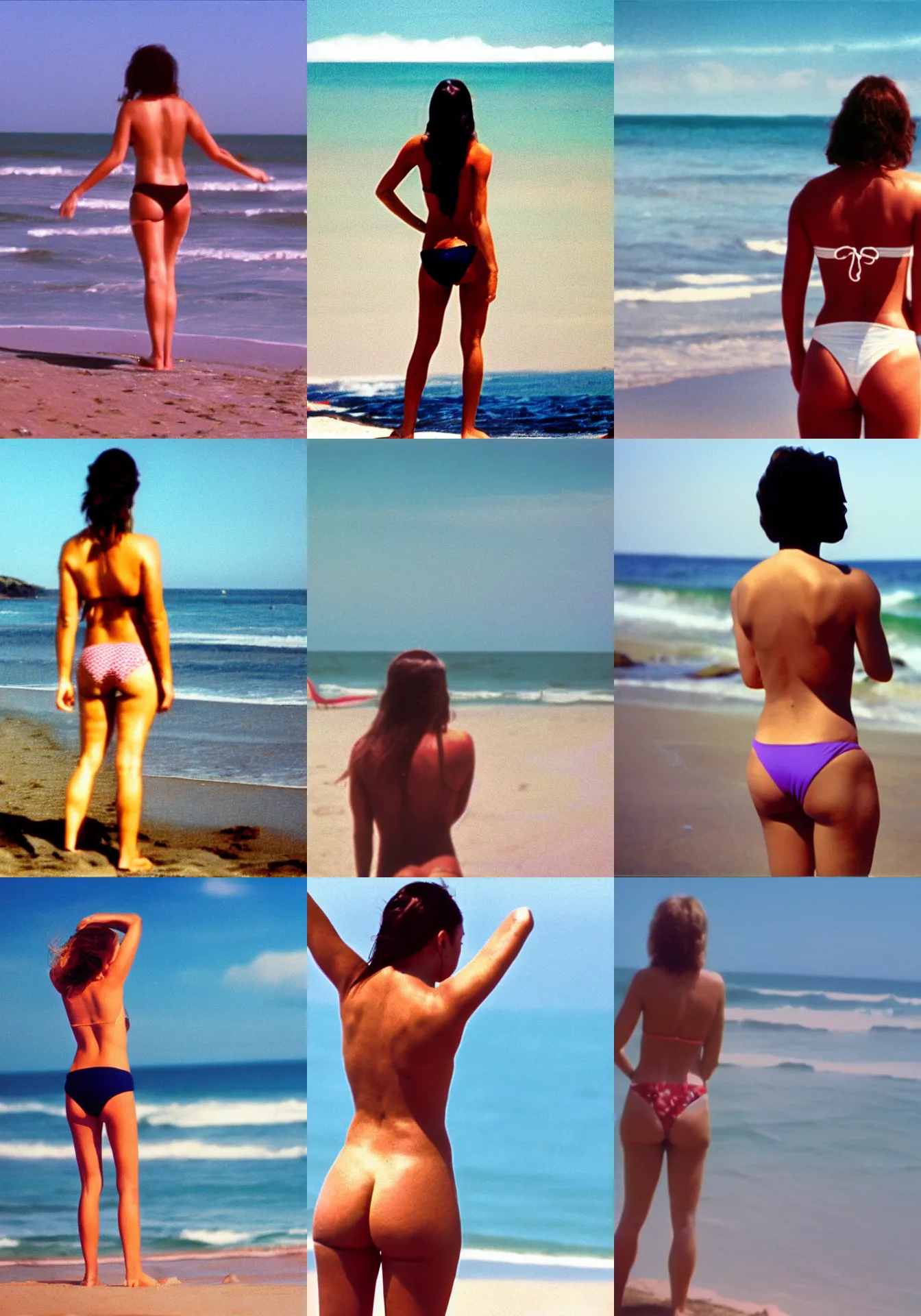 Prompt: home video footage, view from behind ; a woman in bikini standing on the beach ; daylight, summer, color vhs picture quality