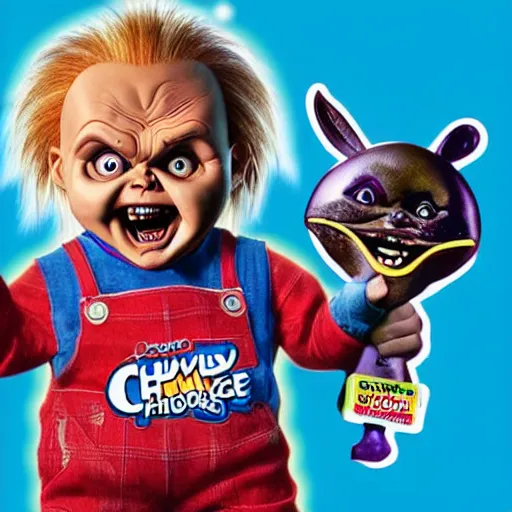 Prompt: hybrid of chucky and chuck e. cheese