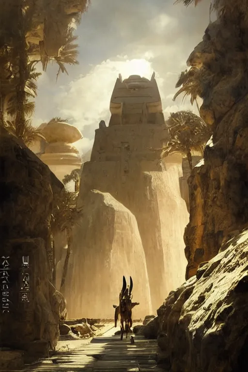 Image similar to beautiful landscape oil matte painting, of ancient egypt giant satue of anubis, art by anders zorn, wonderful masterpiece by greg rutkowski, beautiful cinematic light, thomas lawrence, greg rutkowski