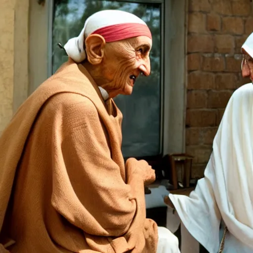 Image similar to mother teresa smoking a blunt, talking to gandhi in a coffee place, evening sunlight