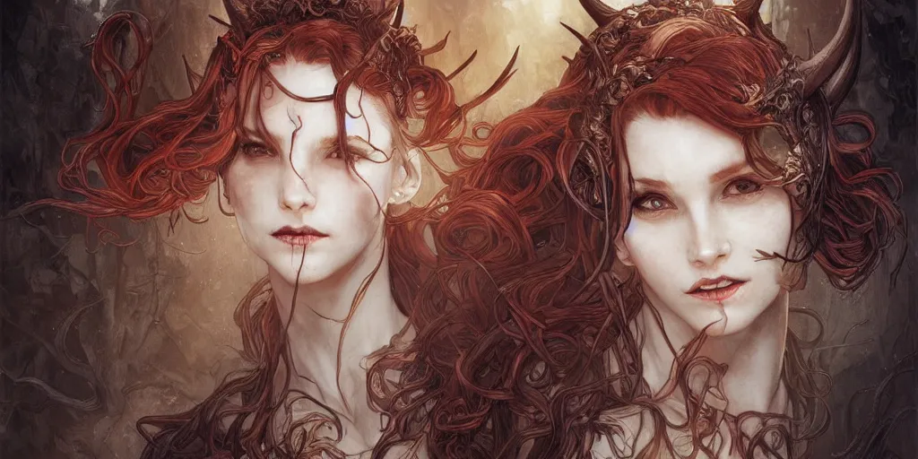 Image similar to posessed, sould demons a beautiful illustration of a witch with horns in head, young cindy crowford, redhead, intricate, sharp focus, illustration, highly detailed, digital painting, concept art, matte, art by wlop and artgerm and greg rutkowski and alphonse mucha, masterpiece