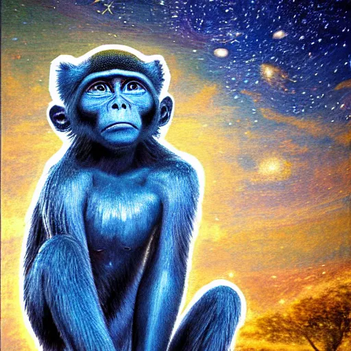 Image similar to blue monkey lying on his back looking up at the stars, oil on canvas, intricate, 8 k highly professionally detailed, hdr, cgsociety