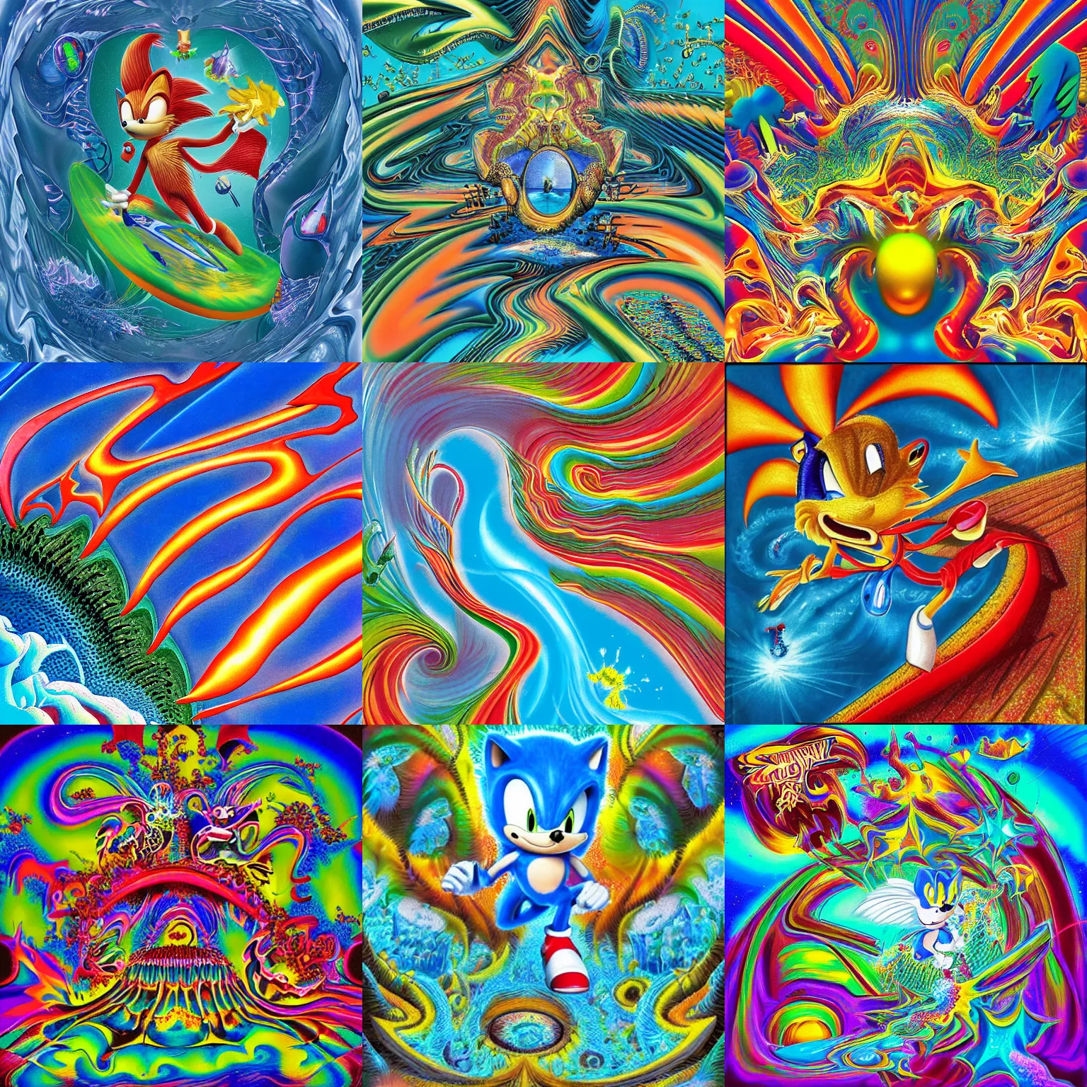 Prompt: surreal, sharp, detailed professional, high quality airbrush art MGMT album cover of a liquid dissolving LSD DMT sonic the hedgehog surfing through cyberspace, mandelbrot pattern, 1990s 1992 Sega Genesis video game album cover