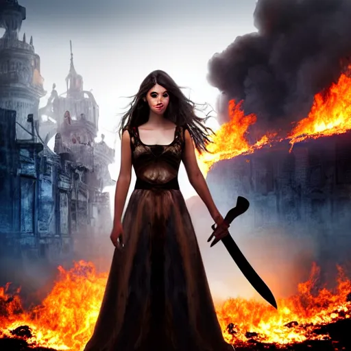 Image similar to a beautiful girl with a beautiful face in a torn dress holding a sword against the background of a burning city, finale fantasy