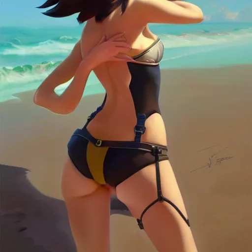 Prompt: full boy portrait of overwatch tracer wearing a sexy thong on the beach, artwork by sergey kolesov, medium shot, asymmetrical, organic painting, sunny day, matte painting, bold shapes, hard edges, street art, trending on artstation, by huang guangjian and gil elvgren and sachin teng