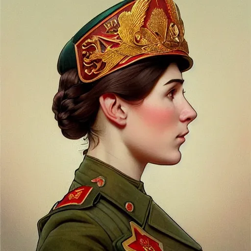 Image similar to a portrait of a female soviet officer, upper half portrait, decorated with soviet motifs, russian soviet motifs, soviet, traditional russia, intricate, elegant, highly detailed, symmetry, headpiece, digital painting, artstation concept art smooth sharp focus, illustration, art by artgerm and greg rutkowski alphonse mucha 8 k